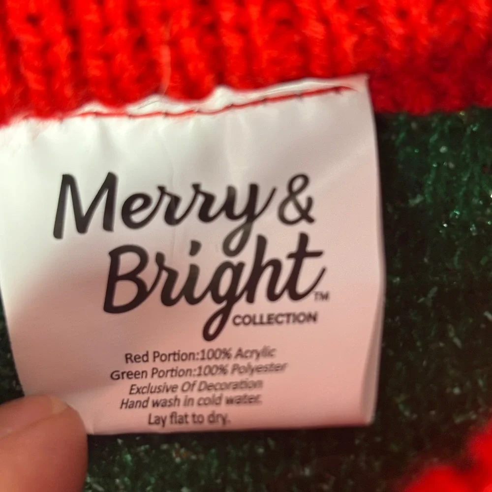 Merry & Bright Christmas Tree Pet Sweater Red Med Jingle Bells Pom Poms Holiday